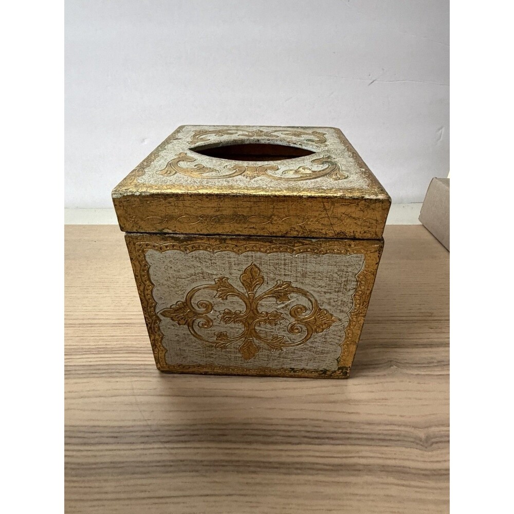 Italian Florentine Gold Square Tissue Box Cover Hollywood Regency MCM